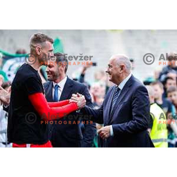 Matevz Vidovsek and players of Olimpija celebrate Slovenian National Title after the Prva liga Telemach 2024/2025 football match between Bravo and Olimpija in Ljubljana, Slovenia on May 24, 2025