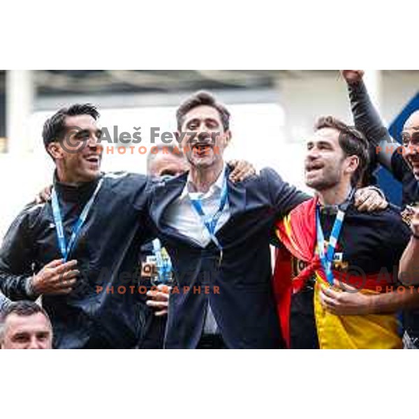 Head coach Victor Sanchez and players of Olimpija celebrate Slovenian National Title after the Prva liga Telemach 2024/2025 football match between Bravo and Olimpija in Ljubljana, Slovenia on May 24, 2025