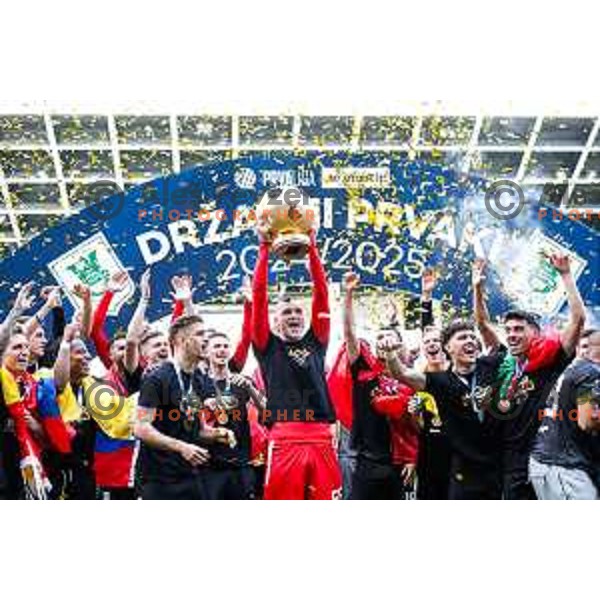 Matevz Vidovsek and players of Olimpija celebrate Slovenian National Title after the Prva liga Telemach 2024/2025 football match between Bravo and Olimpija in Ljubljana, Slovenia on May 24, 2025