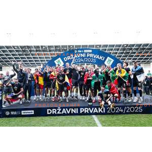 Matevz Vidovsek and players of Olimpija celebrate Slovenian National Title after the Prva liga Telemach 2024/2025 football match between Bravo and Olimpija in Ljubljana, Slovenia on May 24, 2025