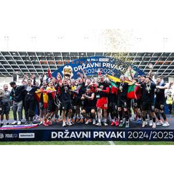 Matevz Vidovsek and players of Olimpija celebrate Slovenian National Title after the Prva liga Telemach 2024/2025 football match between Bravo and Olimpija in Ljubljana, Slovenia on May 24, 2025