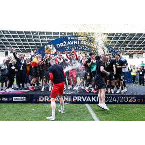 Matevz Vidovsek and players of Olimpija celebrate Slovenian National Title after the Prva liga Telemach 2024/2025 football match between Bravo and Olimpija in Ljubljana, Slovenia on May 24, 2025