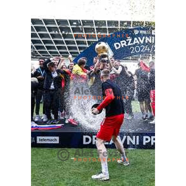 Matevz Vidovsek and players of Olimpija celebrate Slovenian National Title after the Prva liga Telemach 2024/2025 football match between Bravo and Olimpija in Ljubljana, Slovenia on May 24, 2025