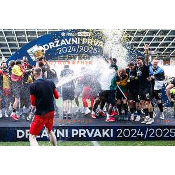 Matevz Vidovsek and players of Olimpija celebrate Slovenian National Title after the Prva liga Telemach 2024/2025 football match between Bravo and Olimpija in Ljubljana, Slovenia on May 24, 2025