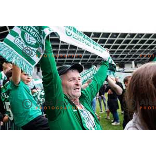 Fans of Olimpija celebrate Slovenian National Title after the Prva liga Telemach 2024/2025 football match between Bravo and Olimpija in Ljubljana, Slovenia on May 24, 2025