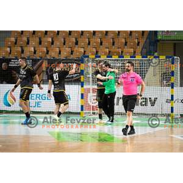 Players of Gorenje Velenje celebrate a victory in the third match of the semi-final of 1.NLB league handball match between Celje Pivovarna Lasko and Gorenje Velenje in Celje, Slovenia on May 24, 2025