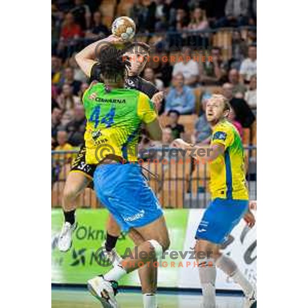 in action during third match of the semi-final of 1.NLB league handball match between Celje Pivovarna Lasko and Gorenje Velenje in Celje, Slovenia on May 24, 2025