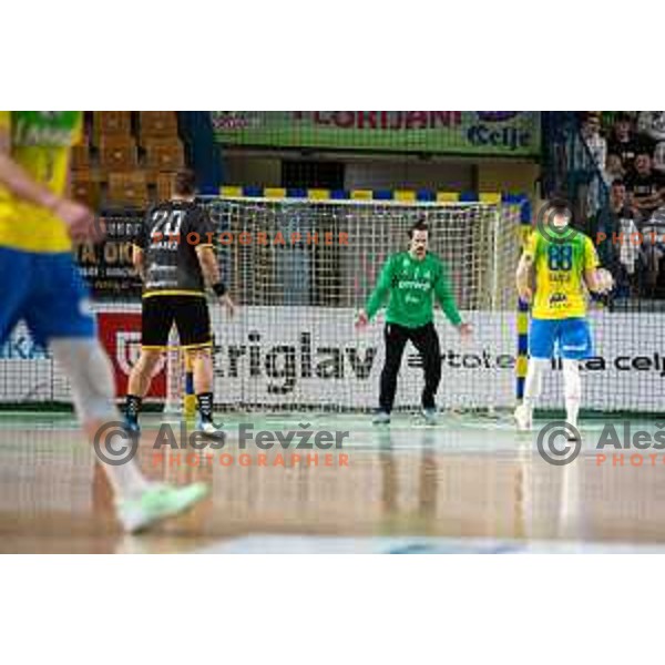 in action during third match of the semi-final of 1.NLB league handball match between Celje Pivovarna Lasko and Gorenje Velenje in Celje, Slovenia on May 24, 2025