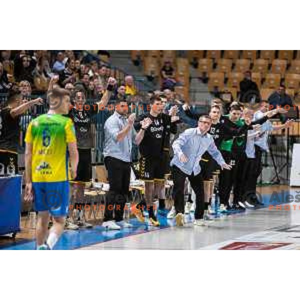 in action during third match of the semi-final of 1.NLB league handball match between Celje Pivovarna Lasko and Gorenje Velenje in Celje, Slovenia on May 24, 2025
