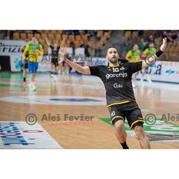 in action during third match of the semi-final of 1.NLB league handball match between Celje Pivovarna Lasko and Gorenje Velenje in Celje, Slovenia on May 24, 2025