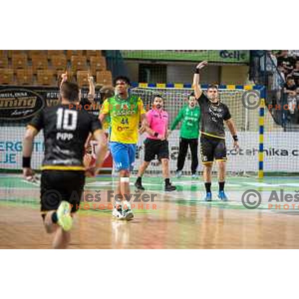 in action during third match of the semi-final of 1.NLB league handball match between Celje Pivovarna Lasko and Gorenje Velenje in Celje, Slovenia on May 24, 2025