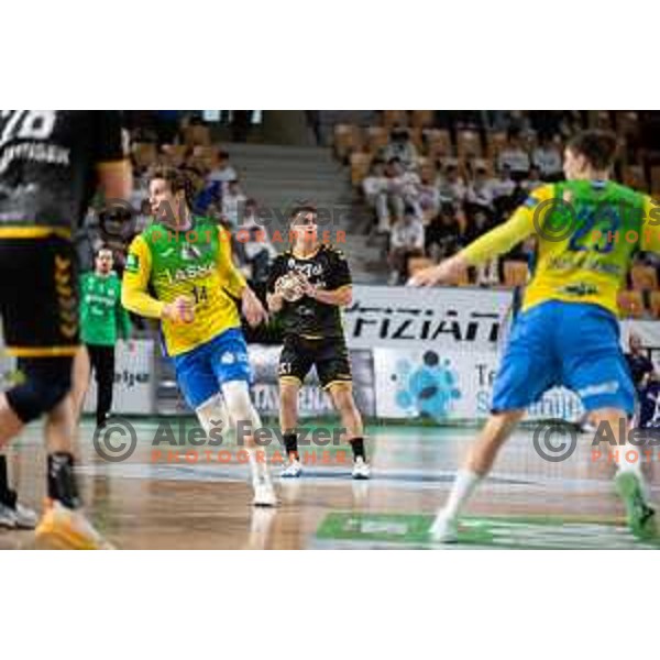 in action during third match of the semi-final of 1.NLB league handball match between Celje Pivovarna Lasko and Gorenje Velenje in Celje, Slovenia on May 24, 2025