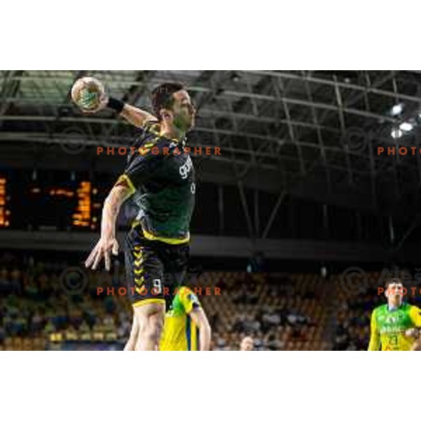 in action during third match of the semi-final of 1.NLB league handball match between Celje Pivovarna Lasko and Gorenje Velenje in Celje, Slovenia on May 24, 2025