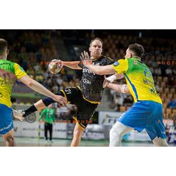 in action during third match of the semi-final of 1.NLB league handball match between Celje Pivovarna Lasko and Gorenje Velenje in Celje, Slovenia on May 24, 2025