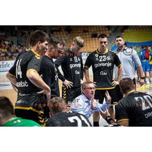 in action during third match of the semi-final of 1.NLB league handball match between Celje Pivovarna Lasko and Gorenje Velenje in Celje, Slovenia on May 24, 2025