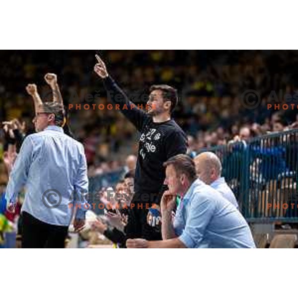 in action during third match of the semi-final of 1.NLB league handball match between Celje Pivovarna Lasko and Gorenje Velenje in Celje, Slovenia on May 24, 2025