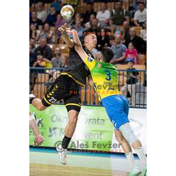 in action during third match of the semi-final of 1.NLB league handball match between Celje Pivovarna Lasko and Gorenje Velenje in Celje, Slovenia on May 24, 2025