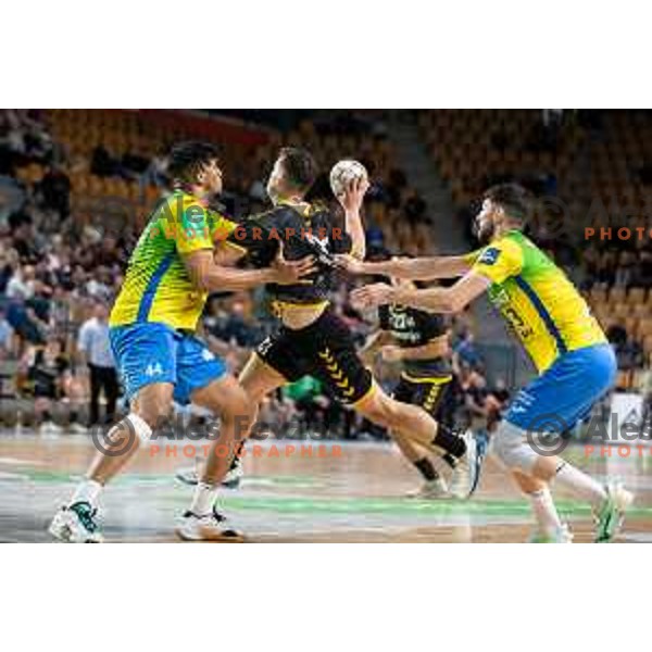 in action during third match of the semi-final of 1.NLB league handball match between Celje Pivovarna Lasko and Gorenje Velenje in Celje, Slovenia on May 24, 2025
