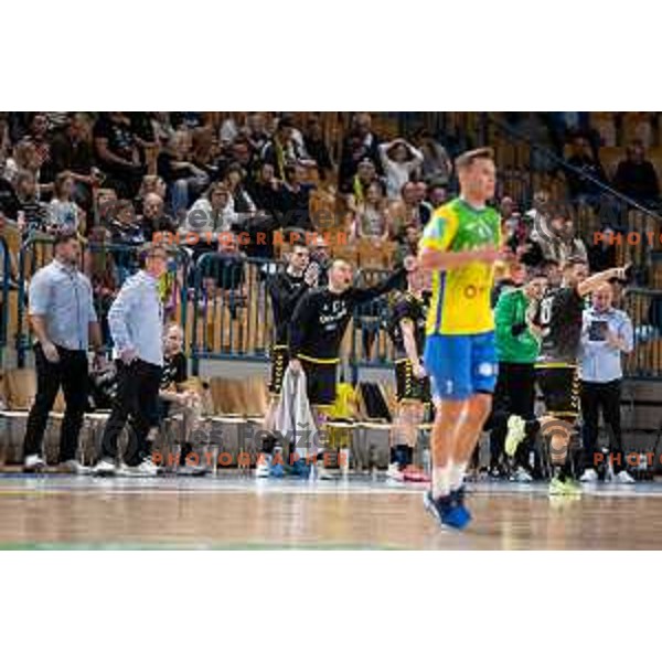 in action during third match of the semi-final of 1.NLB league handball match between Celje Pivovarna Lasko and Gorenje Velenje in Celje, Slovenia on May 24, 2025
