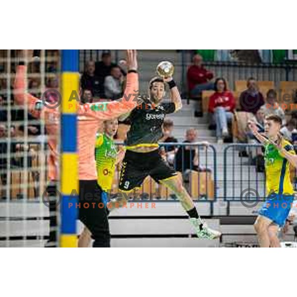 in action during third match of the semi-final of 1.NLB league handball match between Celje Pivovarna Lasko and Gorenje Velenje in Celje, Slovenia on May 24, 2025