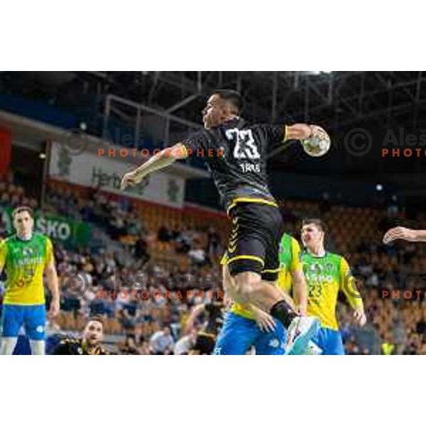 in action during third match of the semi-final of 1.NLB league handball match between Celje Pivovarna Lasko and Gorenje Velenje in Celje, Slovenia on May 24, 2025