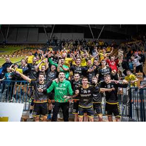 in action during third match of the semi-final of 1.NLB league handball match between Celje Pivovarna Lasko and Gorenje Velenje in Celje, Slovenia on May 24, 2025