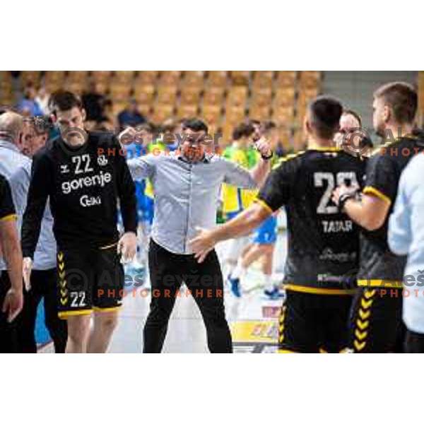in action during third match of the semi-final of 1.NLB league handball match between Celje Pivovarna Lasko and Gorenje Velenje in Celje, Slovenia on May 24, 2025