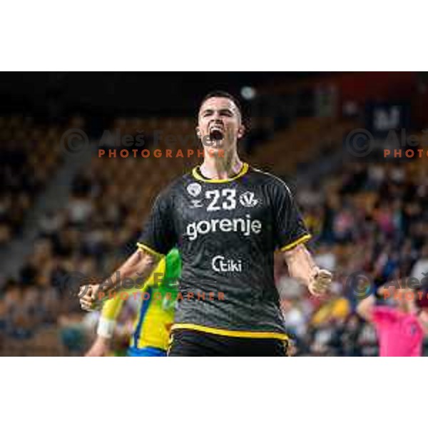 in action during third match of the semi-final of 1.NLB league handball match between Celje Pivovarna Lasko and Gorenje Velenje in Celje, Slovenia on May 24, 2025