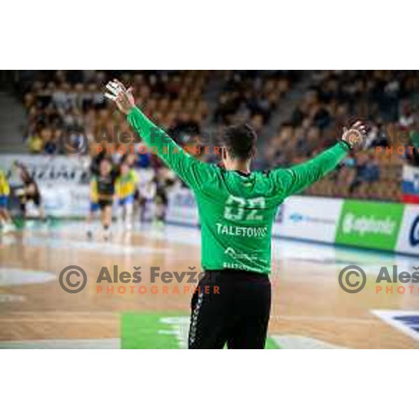 in action during third match of the semi-final of 1.NLB league handball match between Celje Pivovarna Lasko and Gorenje Velenje in Celje, Slovenia on May 24, 2025