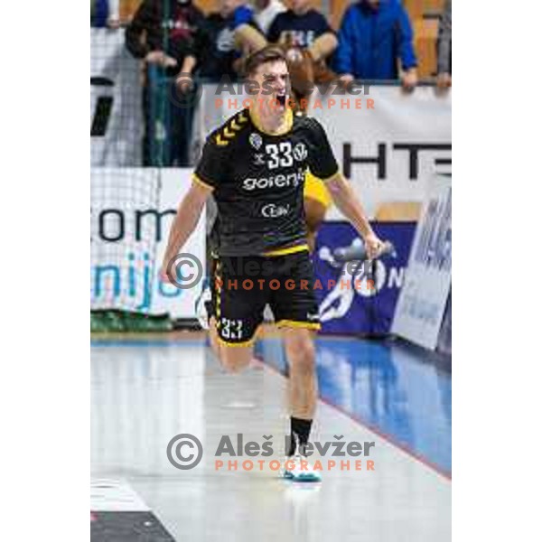 in action during third match of the semi-final of 1.NLB league handball match between Celje Pivovarna Lasko and Gorenje Velenje in Celje, Slovenia on May 24, 2025