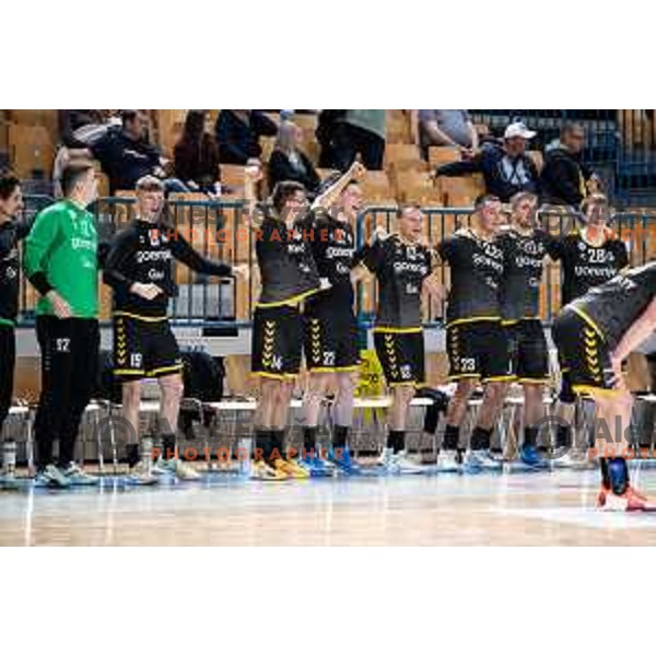 Players of Gorenje Velenje celebrate a victory in the third match of the semi-final of 1.NLB league handball match between Celje Pivovarna Lasko and Gorenje Velenje in Celje, Slovenia on May 24, 2025