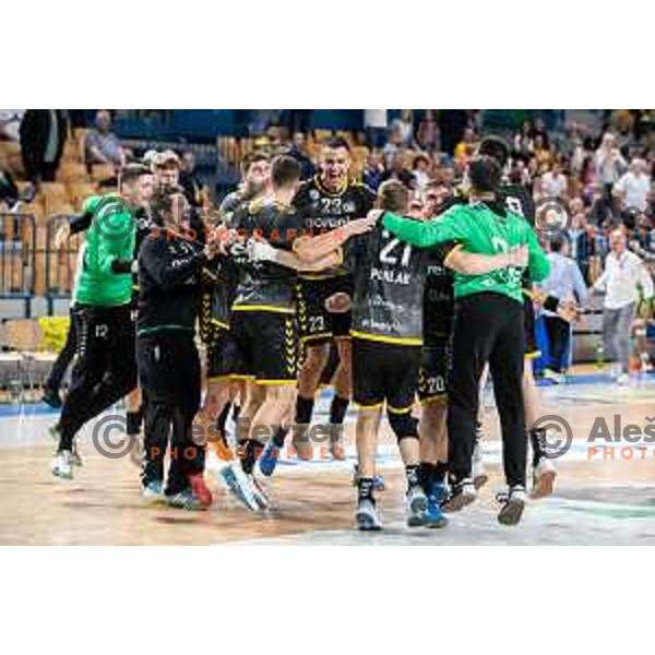 Players of Gorenje Velenje celebrate a victory in the third match of the semi-final of 1.NLB league handball match between Celje Pivovarna Lasko and Gorenje Velenje in Celje, Slovenia on May 24, 2025