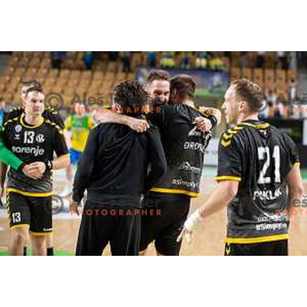 Players of Gorenje Velenje celebrate a victory in the third match of the semi-final of 1.NLB league handball match between Celje Pivovarna Lasko and Gorenje Velenje in Celje, Slovenia on May 24, 2025