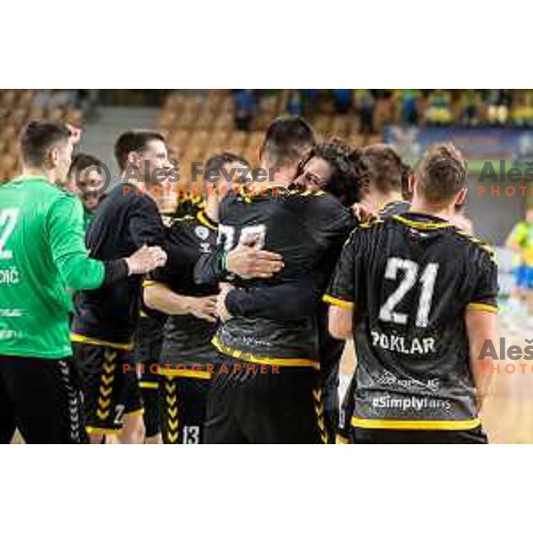 Players of Gorenje Velenje celebrate a victory in the third match of the semi-final of 1.NLB league handball match between Celje Pivovarna Lasko and Gorenje Velenje in Celje, Slovenia on May 24, 2025