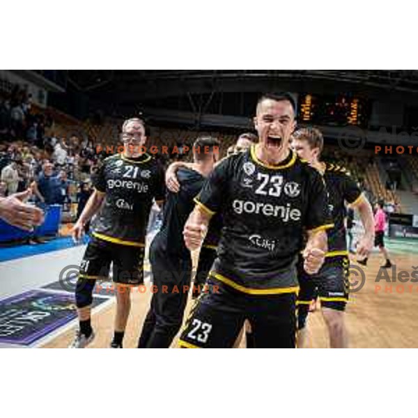 Players of Gorenje Velenje celebrate a victory in the third match of the semi-final of 1.NLB league handball match between Celje Pivovarna Lasko and Gorenje Velenje in Celje, Slovenia on May 24, 2025