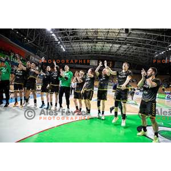 Players of Gorenje Velenje celebrate a victory in the third match of the semi-final of 1.NLB league handball match between Celje Pivovarna Lasko and Gorenje Velenje in Celje, Slovenia on May 24, 2025