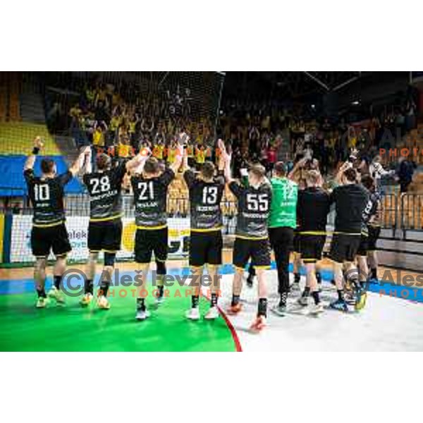 Players of Gorenje Velenje celebrate a victory in the third match of the semi-final of 1.NLB league handball match between Celje Pivovarna Lasko and Gorenje Velenje in Celje, Slovenia on May 24, 2025