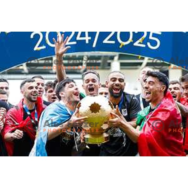 players of Olimpija celebrate Slovenian National Title after the Prva liga Telemach 2024/2025 football match between Bravo and Olimpija in Ljubljana, Slovenia on May 24, 2025