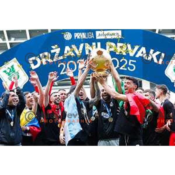 players of Olimpija celebrate Slovenian National Title after the Prva liga Telemach 2024/2025 football match between Bravo and Olimpija in Ljubljana, Slovenia on May 24, 2025