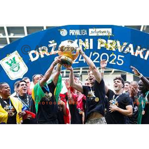 players of Olimpija celebrate Slovenian National Title after the Prva liga Telemach 2024/2025 football match between Bravo and Olimpija in Ljubljana, Slovenia on May 24, 2025
