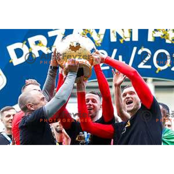 Matevz Vidovsek and players of Olimpija celebrate Slovenian National Title after the Prva liga Telemach 2024/2025 football match between Bravo and Olimpija in Ljubljana, Slovenia on May 24, 2025