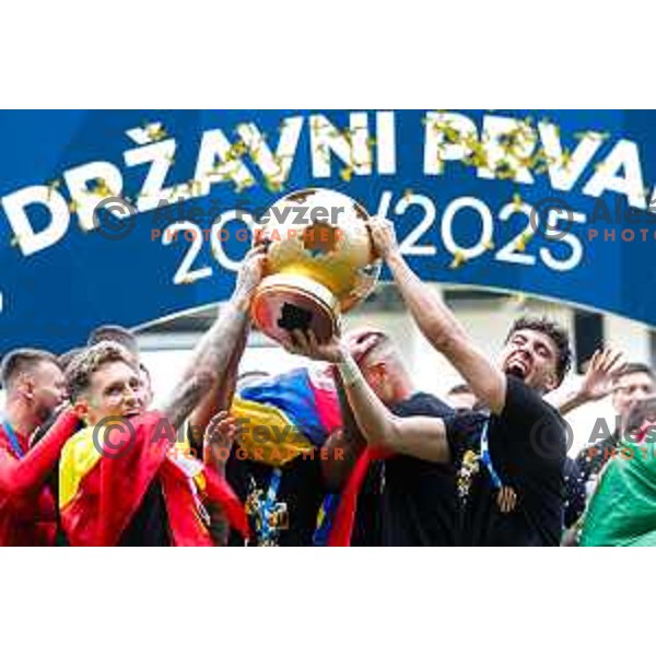players of Olimpija celebrate Slovenian National Title after the Prva liga Telemach 2024/2025 football match between Bravo and Olimpija in Ljubljana, Slovenia on May 24, 2025