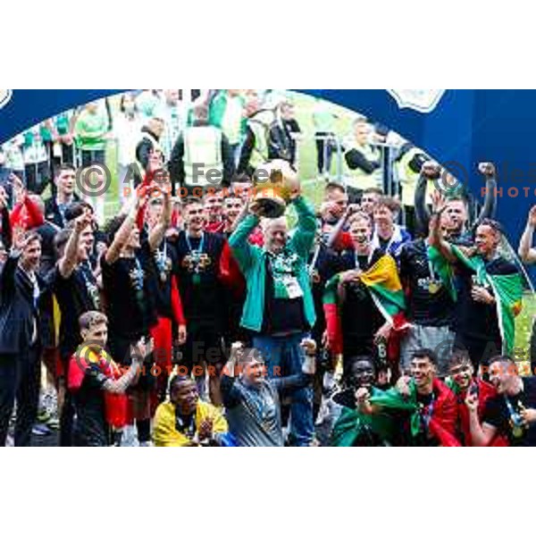 players of Olimpija celebrate Slovenian National Title after the Prva liga Telemach 2024/2025 football match between Bravo and Olimpija in Ljubljana, Slovenia on May 24, 2025