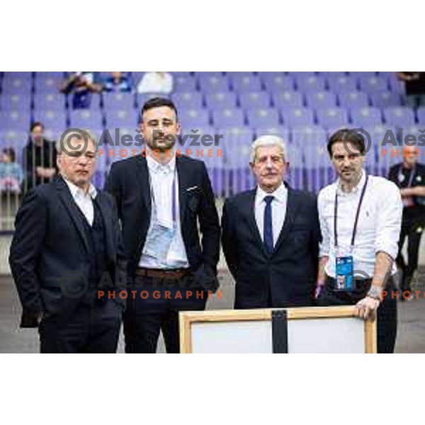 Bojan Ban, Cem Basgul, Drago Cotar and Mihael Mikic during Martin Milec farewell ceremony before Prva liga Telemach football match between Maribor and Nafta 1903 in Ljudski vrt, Maribor, Slovenia on May 25, 2025. Photo: Jure Banfi