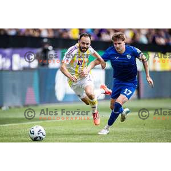 Gyorgy Komaromi vs Dominik Csoka in action during Prva liga Telemach football match between Maribor and Nafta 1903 in Ljudski vrt, Maribor, Slovenia on May 25, 2025. Photo: Jure Banfi