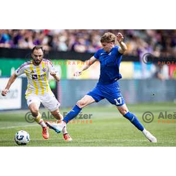 Gyorgy Komaromi vs Dominik Csoka in action during Prva liga Telemach football match between Maribor and Nafta 1903 in Ljudski vrt, Maribor, Slovenia on May 25, 2025. Photo: Jure Banfi