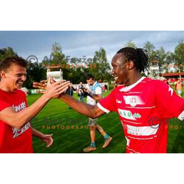 Players of Aluminij celebrate 2.SNL Title and promotion to Prva liga Teleamch in 2025/2026 season in Kidricevo, Slovenia on May 25, 2025
