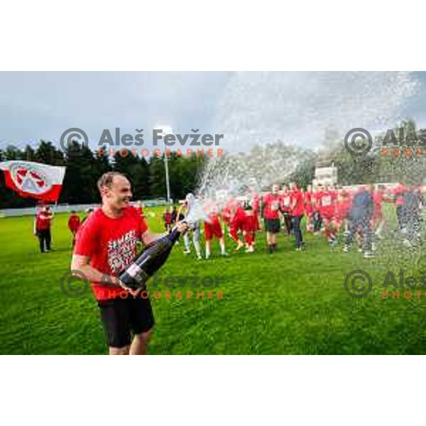 Players of Aluminij celebrate 2.SNL Title and promotion to Prva liga Teleamch in 2025/2026 season in Kidricevo, Slovenia on May 25, 2025
