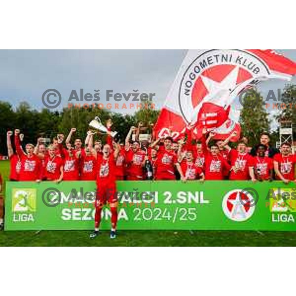 Players of Aluminij celebrate 2.SNL Title and promotion to Prva liga Teleamch in 2025/2026 season in Kidricevo, Slovenia on May 25, 2025