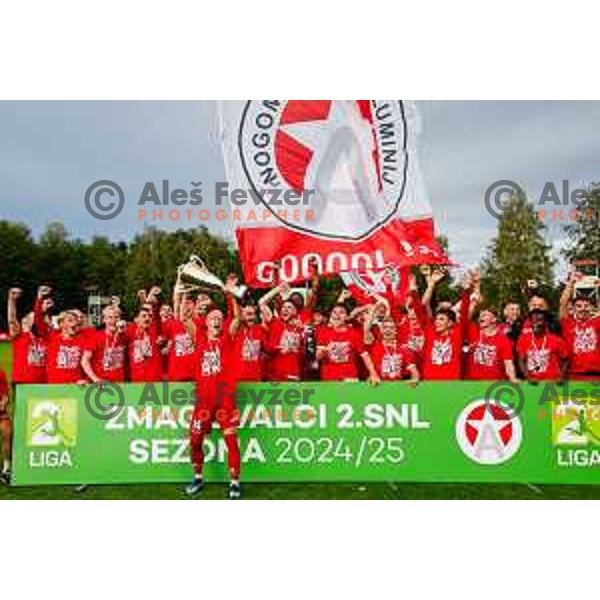 Players of Aluminij celebrate 2.SNL Title and promotion to Prva liga Teleamch in 2025/2026 season in Kidricevo, Slovenia on May 25, 2025